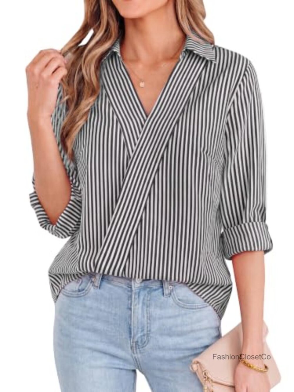 Striped V Neck Long Sleeve Blouse Women Dressy Casual Business Top